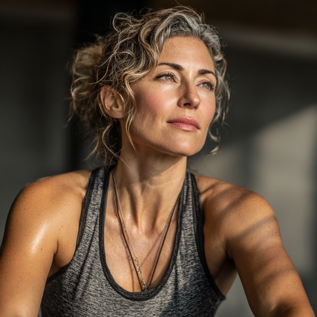 A fit woman in her late 40s performing stretching exercises in a modern fitness studio, wearing athletic clothing, focused expression, natural lighting