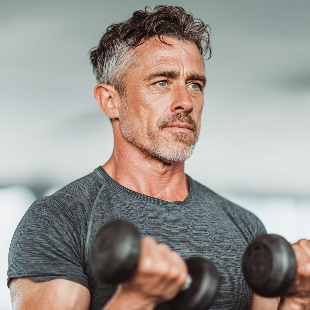 A mature man in his early 50s doing strength training with dumbbells in a well-lit gym, wearing professional athletic attire, showing determination and confidence